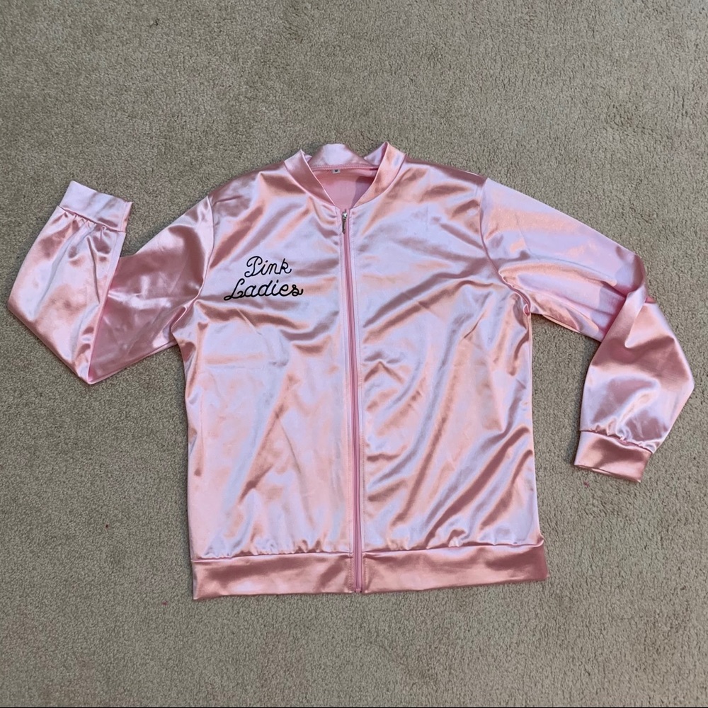 Pink Ladies Jacket sz Medium with polka dot scarf